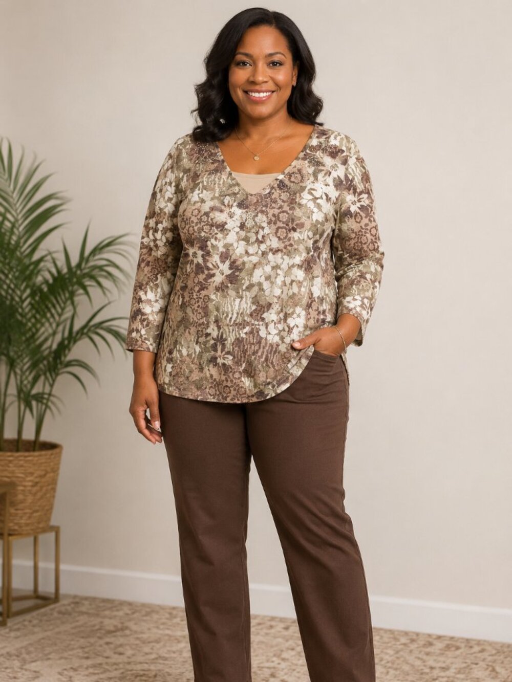 Erika Women's 1X Earth Tone Top Embellished V-Neck Long Sleeve Comfortable Fit
